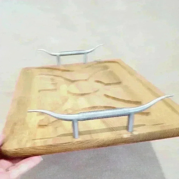 vintage wood serving tray metal longhorn handles very solid excellent condition - Picture 2 of 9